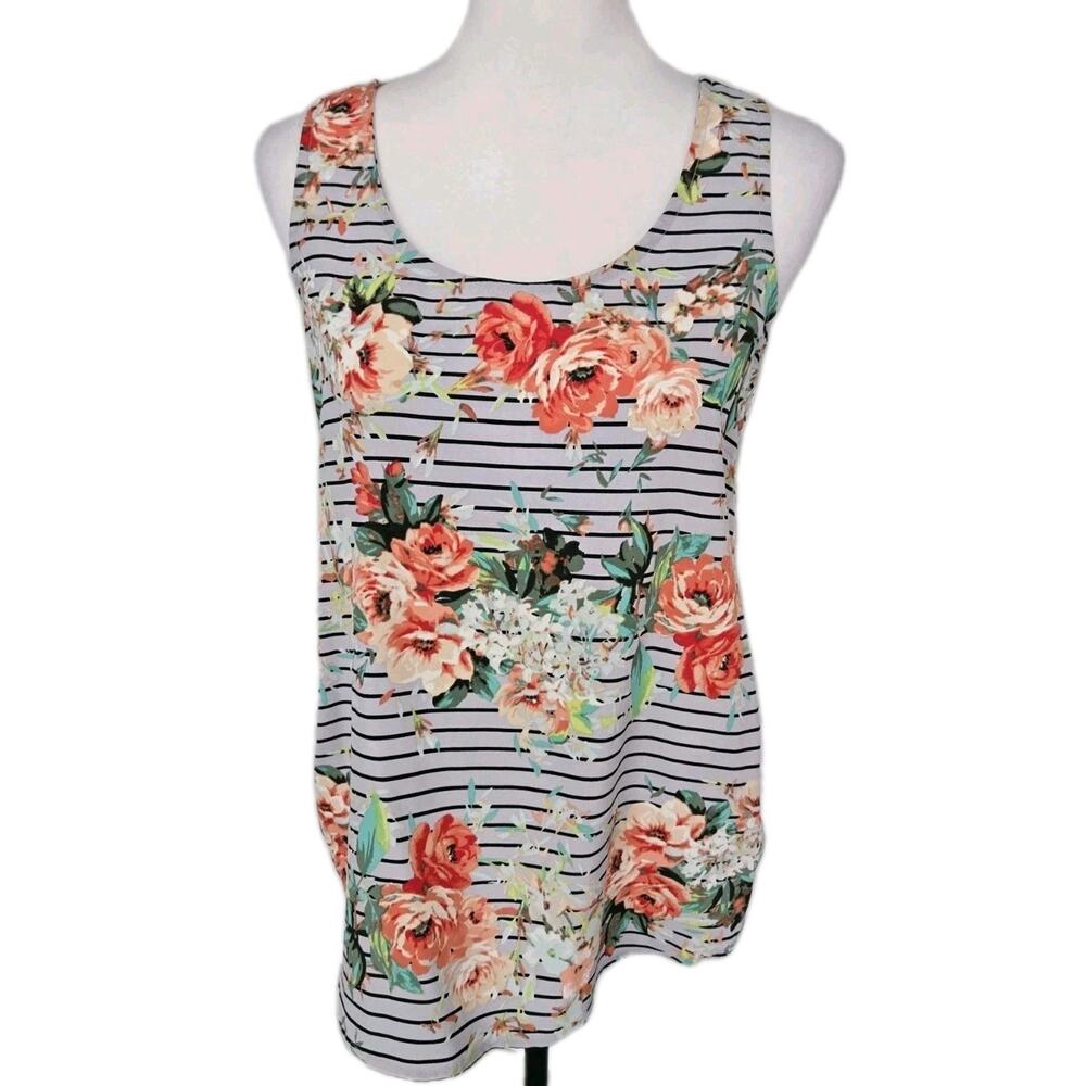 Floral Flowy Spring Tank Top Mesh Back Striped LC Lauren Conrad Sz S